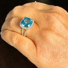 Load image into Gallery viewer, 14K Solid Yellow Gold Cushion Cut Natural Blue Topaz And Natural Round Cut Diamonds Engagement Ring Halo Split Shank 4.70ctw