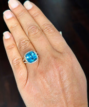 Load image into Gallery viewer, 14K Solid Yellow Gold Cushion Cut Natural Blue Topaz And Round Cut Diamonds Engagement Ring Halo Split Shank 4.70ctw