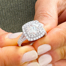 Load image into Gallery viewer, Heavy 14k Solid White Gold Cushion Cut Simulated Diamond And Sapphire Engagement Ring Double Halo Deco Bridal Wedding 2.50ctw