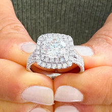 Load image into Gallery viewer, 14K Solid White Gold Cushion Cut Forever One Moissanite and Round Cut Natural Diamond And Sapphire Engagement Ring Double Halo Prong 2.80ct