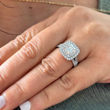 Load image into Gallery viewer, Heavy 14k Solid White Gold Cushion Cut Simulated Diamond And Sapphire Engagement Ring Double Halo Deco Bridal Wedding 2.50ctw