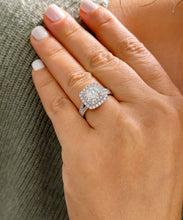 Load image into Gallery viewer, Heavy 14k Solid White Gold Cushion Cut Simulated Diamond And Sapphire Engagement Ring Double Halo Deco Bridal Wedding 2.50ctw