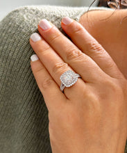 Load image into Gallery viewer, IGI Certified 14k Solid White Gold Cushion Cut Simulated Diamond And Sapphire Engagement Ring Double Halo Deco Bridal Wedding 2.50ctw F-VS2