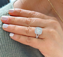 Load image into Gallery viewer, Heavy 14k Solid White Gold Cushion Cut Simulated Diamond And Sapphire Engagement Ring Double Halo Deco Bridal Wedding 2.50ctw