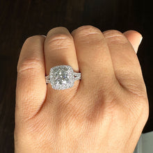 Load image into Gallery viewer, IGI Certified 14k Solid White Gold Cushion Cut Simulated Diamond And Sapphire Engagement Ring Double Halo Deco Bridal Wedding 2.50ctw F-VS2