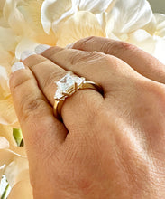 Load image into Gallery viewer, 14k Solid Yellow Gold Princess Cut Moissanite and Round Cut Engagement Ring, Bridal, Wedding Deco Three Stone Style 2.20ctw