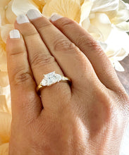 Load image into Gallery viewer, 14k Solid Yellow Gold Princess Cut Moissanite and Round Cut Engagement Ring, Bridal, Wedding Deco Three Stone Style 2.20ctw