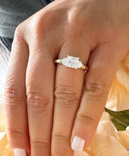 Load image into Gallery viewer, 14k Solid Yellow Gold Princess Cut Moissanite and Round Cut Engagement Ring, Bridal, Wedding Deco Three Stone Style 2.20ctw