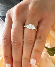Load image into Gallery viewer, 14k Solid Yellow Gold Princess Cut Moissanite and Round Cut Engagement Ring, Bridal, Wedding Deco Three Stone Style 2.20ctw