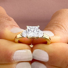 Load image into Gallery viewer, 14k Solid Yellow Gold Princess Cut Forever One Moissanite and Round Cut Engagement Ring, Bridal, Wedding Deco Three Stone Style 2.20ctw