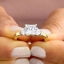 Load image into Gallery viewer, 14k Solid Yellow Gold Princess Cut Moissanite and Round Cut Engagement Ring, Bridal, Wedding Deco Three Stone Style 2.20ctw