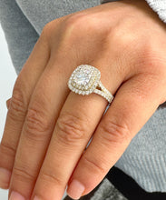 Load image into Gallery viewer, IGI Certified 14k Solid Yellow Gold Cushion Cut Simulated Diamond And Sapphire Engagement Ring Double Halo Deco Bridal Wedding 2.50ctw F-VS2