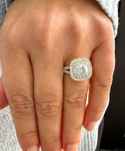 Load image into Gallery viewer, 14K Solid Yellow Gold Cushion Cut Forever One Moissanite and Round Cut Natural Diamond And Sapphire Engagement Ring Double Halo Prong 2.80ct