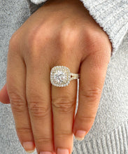 Load image into Gallery viewer, 14K Solid Yellow Gold Cushion Cut Forever One Moissanite and Round Cut Natural Diamond And Sapphire Engagement Ring Double Halo Prong 2.80ct