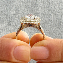 Load image into Gallery viewer, Heavy 14k Solid Yellow Gold Cushion Cut Simulated Diamond And Sapphire Engagement Ring Double Halo Deco Bridal Wedding 2.50ctw