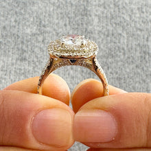 Load image into Gallery viewer, Heavy 14k Solid Yellow Gold Cushion Cut Simulated Diamond And Sapphire Engagement Ring Double Halo Deco Bridal Wedding 2.50ctw