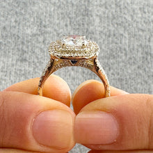 Load image into Gallery viewer, 14K Solid Yellow Gold Cushion Cut Moissanite and Round Cut Natural Diamond And Sapphire Engagement Ring Double Halo Prong 2.80ct