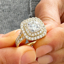 Load image into Gallery viewer, 14K Solid Yellow Gold Cushion Cut Moissanite and Round Cut Natural Diamond And Sapphire Engagement Ring Double Halo Prong 2.80ct