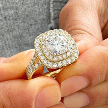 Load image into Gallery viewer, Heavy 14k Solid Yellow Gold Cushion Cut Simulated Diamond And Sapphire Engagement Ring Double Halo Deco Bridal Wedding 2.50ctw