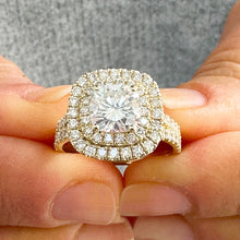 Load image into Gallery viewer, IGI Certified 14k Solid Yellow Gold Cushion Cut Simulated Diamond And Sapphire Engagement Ring Double Halo Deco Bridal Wedding 2.50ctw F-VS2