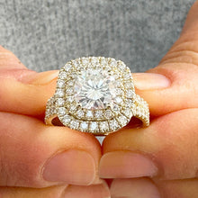 Load image into Gallery viewer, Heavy 14k Solid Yellow Gold Cushion Cut Simulated Diamond And Sapphire Engagement Ring Double Halo Deco Bridal Wedding 2.50ctw