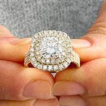Load image into Gallery viewer, Heavy 14k Solid Yellow Gold Cushion Cut Simulated Diamond And Sapphire Engagement Ring Double Halo Deco Bridal Wedding 2.50ctw
