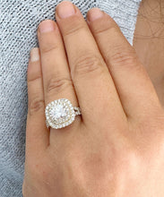 Load image into Gallery viewer, Heavy 14k Solid Yellow Gold Cushion Cut Simulated Diamond And Sapphire Engagement Ring Double Halo Deco Bridal Wedding 2.50ctw