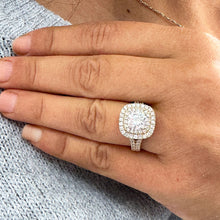 Load image into Gallery viewer, 14K Solid Yellow Gold Cushion Cut Moissanite and Round Cut Natural Diamond And Sapphire Engagement Ring Double Halo Prong 2.80ct