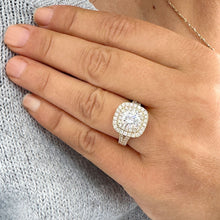 Load image into Gallery viewer, 14K Solid Yellow Gold Cushion Cut Moissanite and Round Cut Natural Diamond And Sapphire Engagement Ring Double Halo Prong 2.80ct
