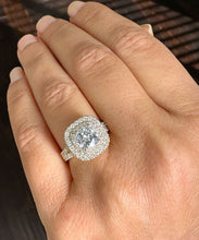 Load image into Gallery viewer, Heavy 14k Solid Yellow Gold Cushion Cut Simulated Diamond And Sapphire Engagement Ring Double Halo Deco Bridal Wedding 2.50ctw