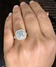 Load image into Gallery viewer, IGI Certified 14k Solid Yellow Gold Cushion Cut Simulated Diamond And Sapphire Engagement Ring Double Halo Deco Bridal Wedding 2.50ctw F-VS2