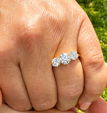 Load image into Gallery viewer, 14k Solid Yellow Gold Round Cut Forever One Moissanite Engagement Ring, Bridal, Wedding Deco Three Stone Style Prong Set 2.00ctw