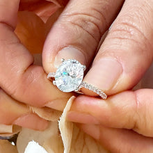 Load image into Gallery viewer, 14K White Gold Oval Cut Forever One Moissanite And Natural Round cut Diamond Engagement Ring Deco, Halo, Bridal, Wedding, Propose 3.25ct