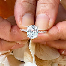 Load image into Gallery viewer, 14k Solid Rose Gold Oval and Round Cut Simulated Diamond Engagement Ring Halo Art Deco Bridal High Quality Finish 3.25ct