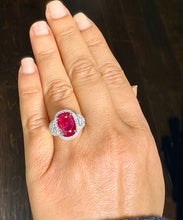 Load image into Gallery viewer, 14K Solid White Gold Oval Shape Ruby and Round And Half Moon Cut Natural Diamonds Engagement Ring Halo Prong Set 5.00ctw