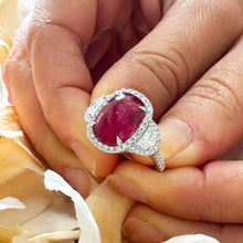 Load image into Gallery viewer, 14K Solid White Gold Oval Shape Ruby and Round And Half Moon Cut Natural Diamonds Engagement Ring Halo Prong Set 5.00ctw