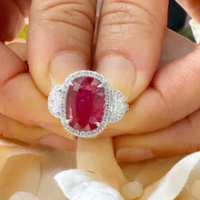 Load image into Gallery viewer, 14K Solid White Gold Oval Shape Ruby and Round And Half Moon Cut Natural Diamonds Engagement Ring Halo Prong Set 5.00ctw