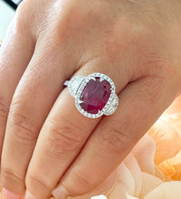 Load image into Gallery viewer, 14K Solid White Gold Oval Shape Ruby and Round And Half Moon Cut Natural Diamonds Engagement Ring Halo Prong Set 5.00ctw