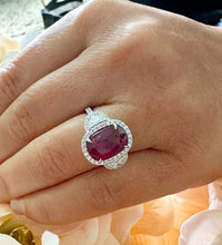 Load image into Gallery viewer, 14K Solid White Gold Oval Shape Ruby and Round And Half Moon Cut Natural Diamonds Engagement Ring Halo Prong Set 5.00ctw