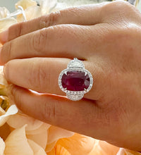 Load image into Gallery viewer, 14K Solid White Gold Oval Shape Ruby and Round And Half Moon Cut Natural Diamonds Engagement Ring Halo Prong Set 5.00ctw