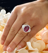 Load image into Gallery viewer, 14K Solid White Gold Oval Shape Ruby and Round And Half Moon Cut Natural Diamonds Engagement Ring Halo Prong Set 5.00ctw