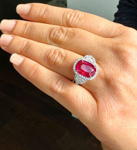 Load image into Gallery viewer, 14K Solid White Gold Oval Shape Ruby and Round And Half Moon Cut Natural Diamonds Engagement Ring Halo Prong Set 5.00ctw