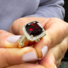 Load image into Gallery viewer, 14k Yellow Gold Natural Garnet And Natural Round Cut Diamonds Antique Deco Design Ring, engagement halo 7.50ctw