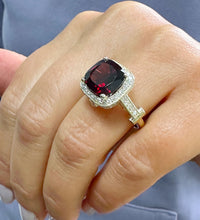 Load image into Gallery viewer, 14k Yellow Gold Natural Garnet And Natural Round Cut Diamonds Antique Deco Design Ring, engagement halo 7.50ctw