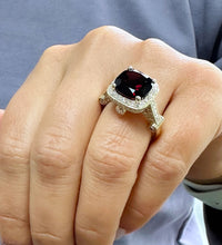 Load image into Gallery viewer, 14k Yellow Gold Natural Garnet And Natural Round Cut Diamonds Antique Deco Design Ring, engagement halo 7.50ctw