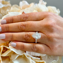 Load image into Gallery viewer, 14k Solid Rose Gold Pear Cut Moissanite and Natural Diamond Engagement Ring Halo, Bridal, Wedding Deco Antique Style 3.75ctw