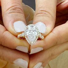 Load image into Gallery viewer, 14k Solid Rose Gold Pear and Round Cut Simulated Diamond Engagement Ring Deco, Bridal, Wedding, Halo, Anniversary 3.75ct