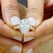 Load image into Gallery viewer, 14k Solid Rose Gold Pear Cut Forever One Moissanite and Natural Diamond Engagement Ring Halo, Bridal, Wedding Deco Antique Style 3.75ctw