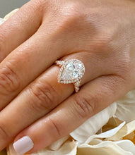 Load image into Gallery viewer, 14k Solid Rose Gold Pear and Round Cut Simulated Diamond Engagement Ring Deco, Bridal, Wedding, Halo, Anniversary 3.75ct
