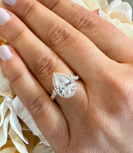 Load image into Gallery viewer, 14k Solid Rose Gold Pear and Round Cut Simulated Diamond Engagement Ring Deco, Bridal, Wedding, Halo, Anniversary 3.75ct